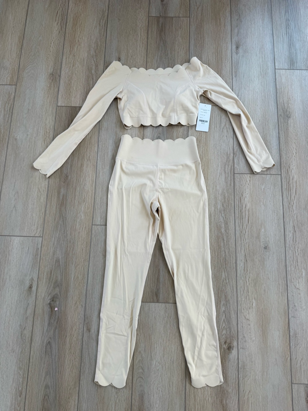 Scalloped Hem Cream Leggings & Crop Top Set